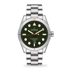 DuFrane Barton Springs MkIV Date, Live Oak matte green dial with date at 6, on 3-link bracelet
