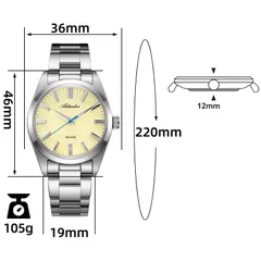 Addiesdive AD2026 with the brand's dimension callouts (36mm, 46mm, 12mm, 19mm, 105g)