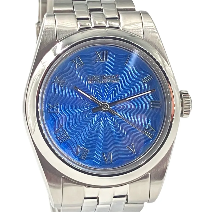 Cincinnati Watch Company Enamel over Guilloché, blue grand feu enamel over a rose-engine-turned silver dial, on a steel bracelet