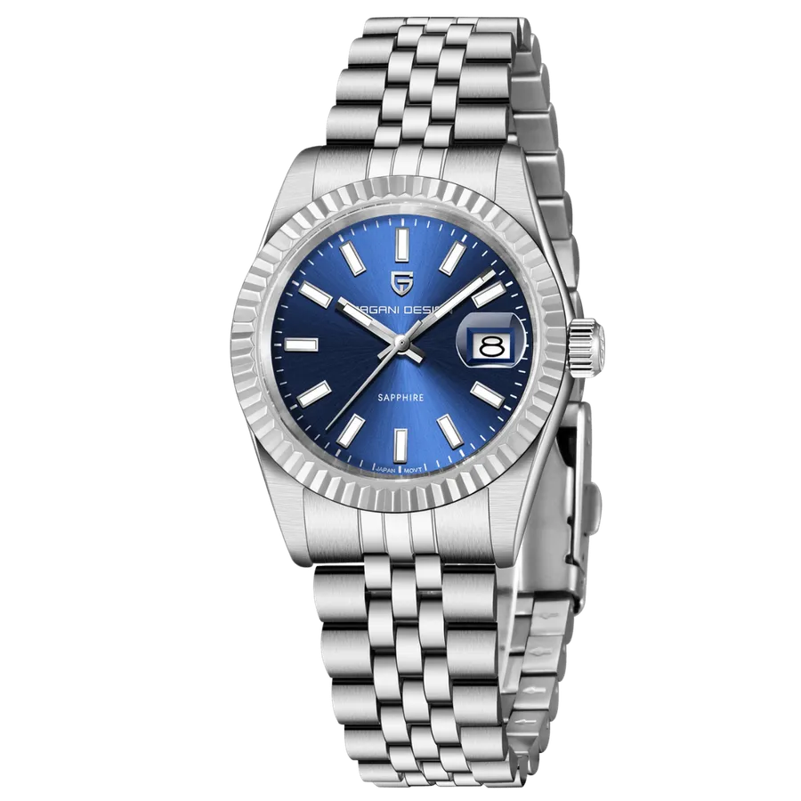 Pagani Design PD-1794M with blue sunburst dial, steel fluted bezel and date with cyclops, on steel Jubilee-style bracelet