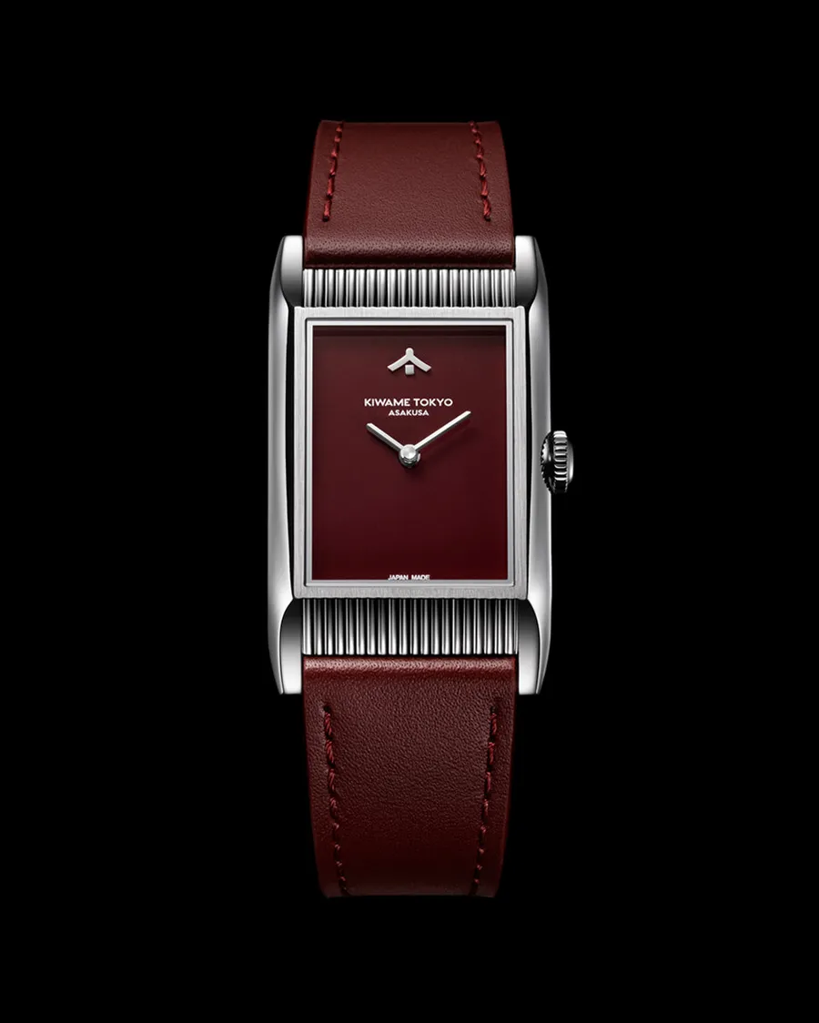 Kiwame Tokyo Yane Enji, rectangular case with burgundy lacquer dial, on burgundy leather strap, front view