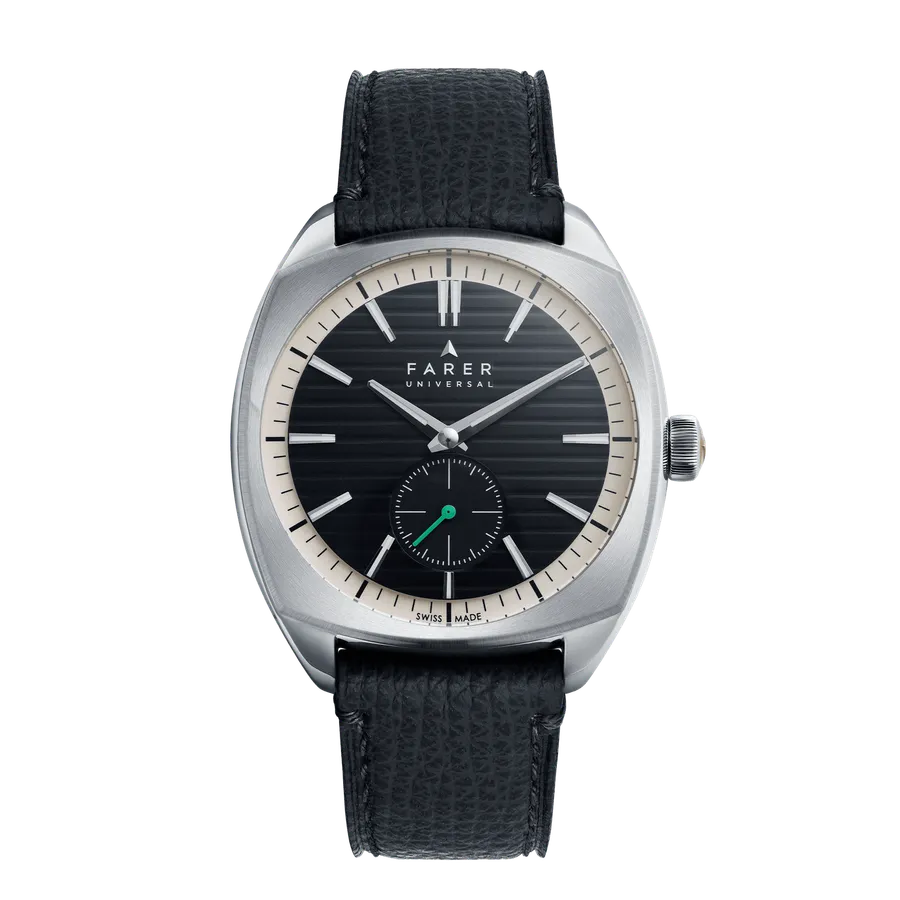 Farer Cushion Case Benham Black, grooved black dial with green small seconds, on black Granolo leather strap