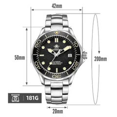 Addiesdive AD2106 dimension graphic, C3 version (42mm, 50mm lug-to-lug, 20mm, 200mm, 181g)
