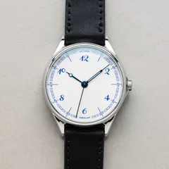 anOrdain Model 1 38mm Porcelain, white glazed porcelain dial with blue numerals, on black leather strap