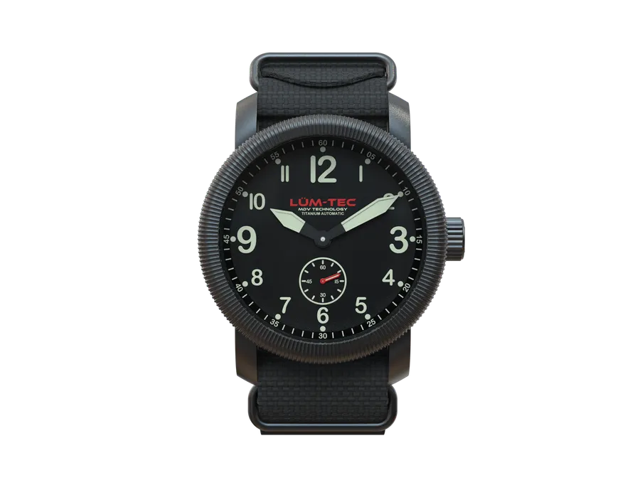 Lüm-Tec Super Combat B5 render, gunmetal titanium case on a grey nylon strap