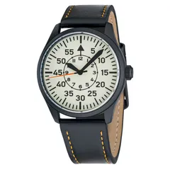 Islander DLC Aviator Automatic with full-lume Type-B dial, black hands and orange seconds hand on black leather strap