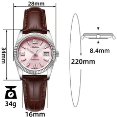 Addies AW25901 dimension graphic on the leather strap (28mm, 34mm lug-to-lug, 8.4mm, 16mm, 220mm, 34g)