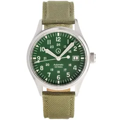 Islander Mitchel field watch with forest green dial on olive nylon strap