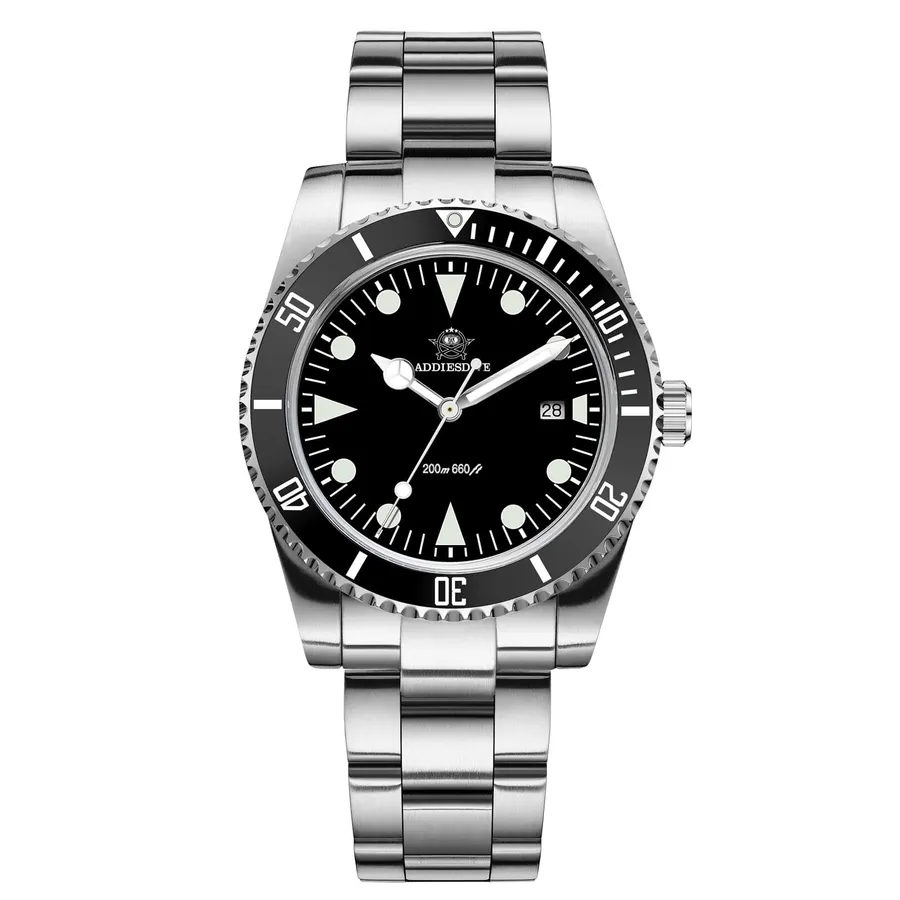 Addiesdive AD2068 with black dial, white lume and black ceramic dive bezel on a three-link bracelet