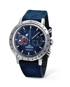 Undone Urban Sport Mickey I Fantasia chronograph with steel tachymeter bezel and navy starry dial with Mickey as the Sorcerer's Apprentice on a blue suede strap