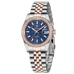 Pagani Design PD-1794M with blue monogram-textured dial and rose-gold-tone stone-set bezel