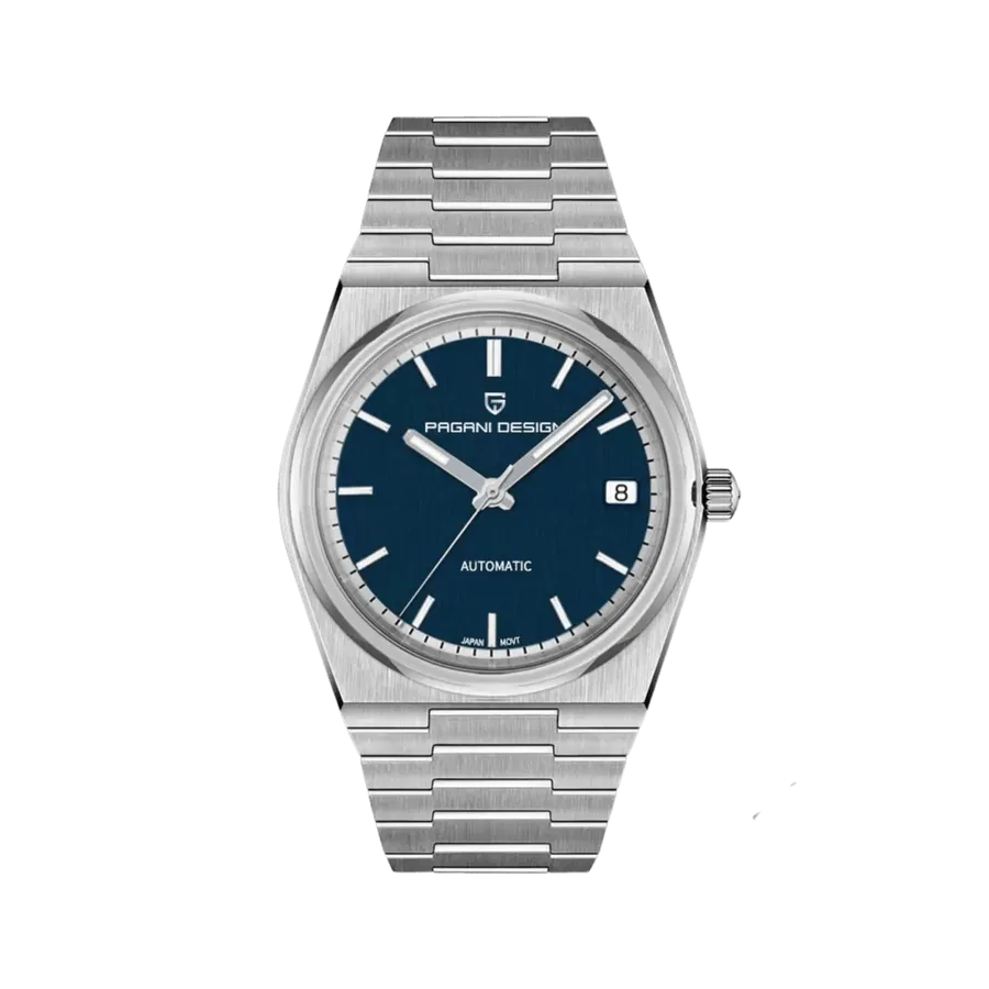 Pagani Design PD-1753 with blue textured dial, date at 3 and integrated steel bracelet