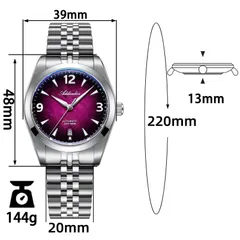 Addiesdive AD2560 dimension graphic (39mm, 48mm lug-to-lug, 13mm, 20mm, 220mm, 144g)