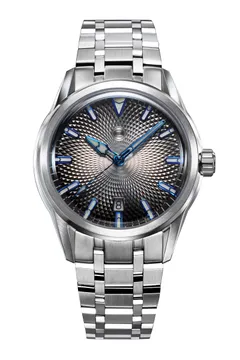 Zelos Helica Steel Blue (2025), silver-to-black fumé guilloché dial with blued hands