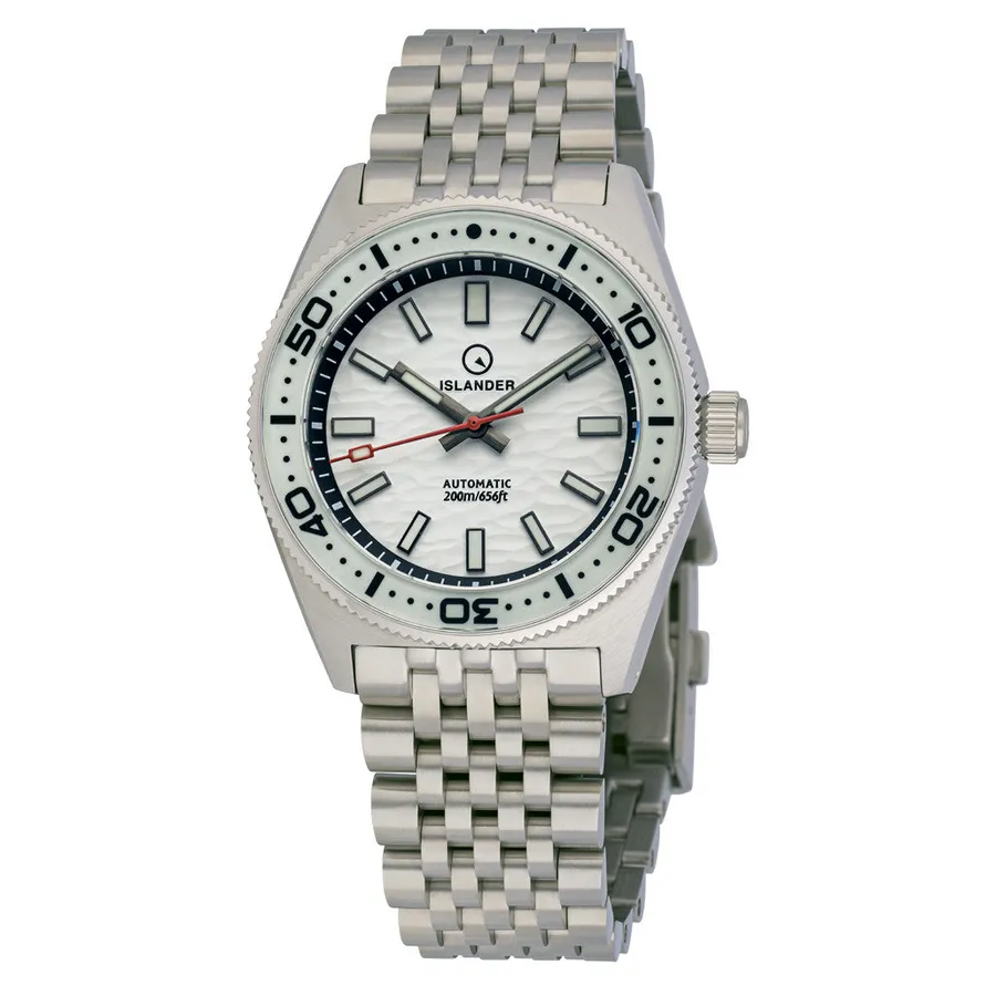 Islander Northport 37mm with white ripple dial and white sapphire bezel on 7-link bracelet