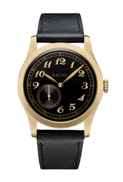 Baltic MR Classic, gold PVD case, black dial, on black leather strap