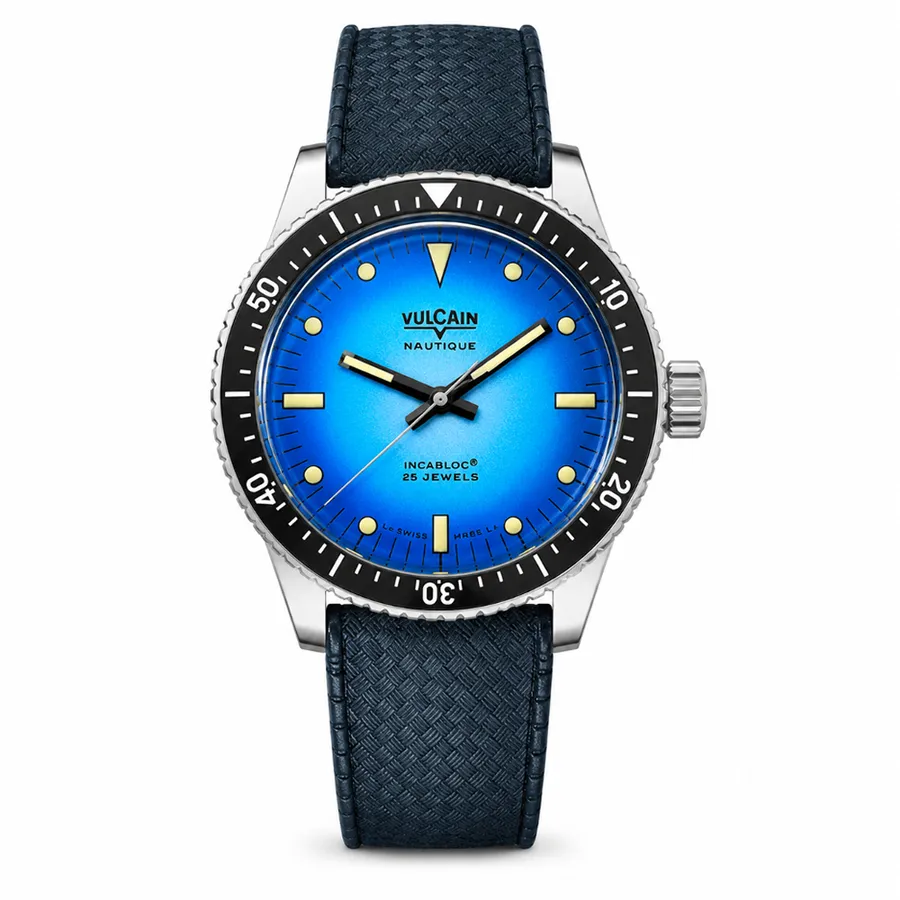 Vulcain x Santurce Collection with blue fumé Vulcain Nautique dial and black ceramic bezel on blue rubber strap