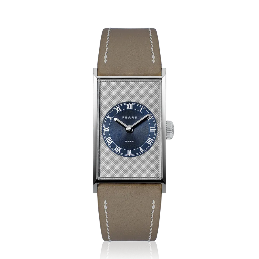 Fears Arnos Pewter Blue with hobnail grey outer dial and blue centre on a taupe leather strap