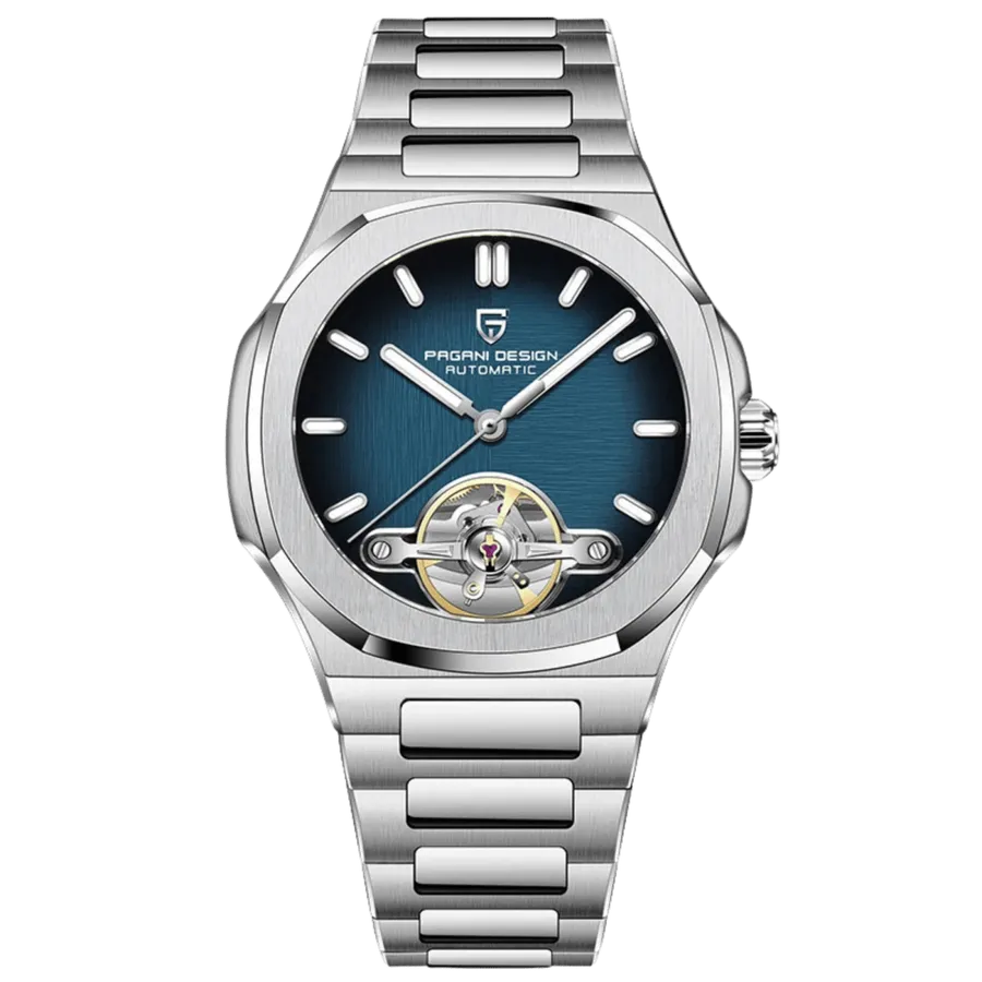 Pagani Design PD-YS025 Nautilus-style automatic with blue gradient dial and open balance at 6, on steel integrated bracelet