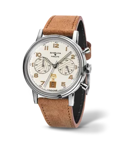 Undone x Shibuya Hachi Pawfect Classic chronograph with steel case and cream dial with Hachi at 6 on a brown suede strap