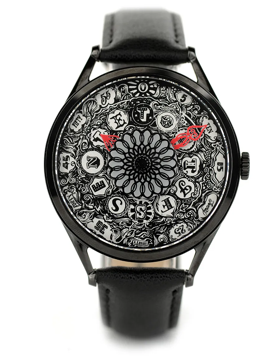 Mr Jones Fantastic Exploits Black, tattoo-style lettered dial with a kaleidoscope centre, black case on black leather, front view