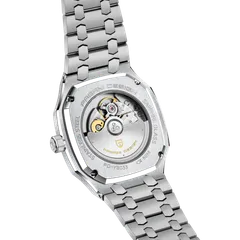 Pagani Design PD-YS033 display caseback held by four screws, engraved PD-YS033, 50M, Sapphire glass and Stainless steel, showing an automatic movement with a Pagani Design rotor
