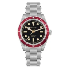 Militado ML06 with black dial and red bezel on steel bracelet