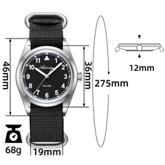 Addiesdive AD2079 with the brand's dimension callouts (36mm, 46mm, 12mm, 19mm, 68g)