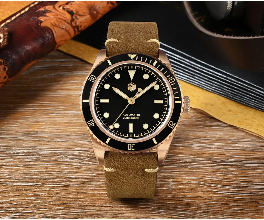 San Martin SN004-Q-B 38mm bronze diver with black dial on brown leather strap