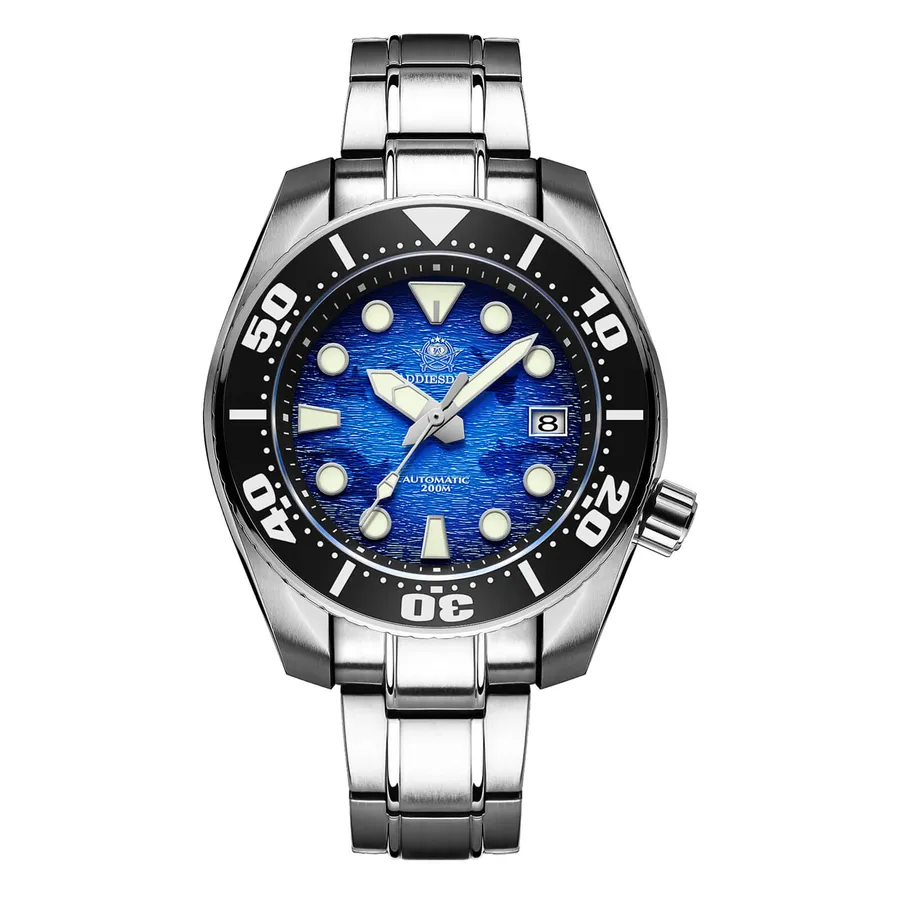 Addiesdive AD2102 with mottled blue dial, large round markers and black bezel on a three-link bracelet
