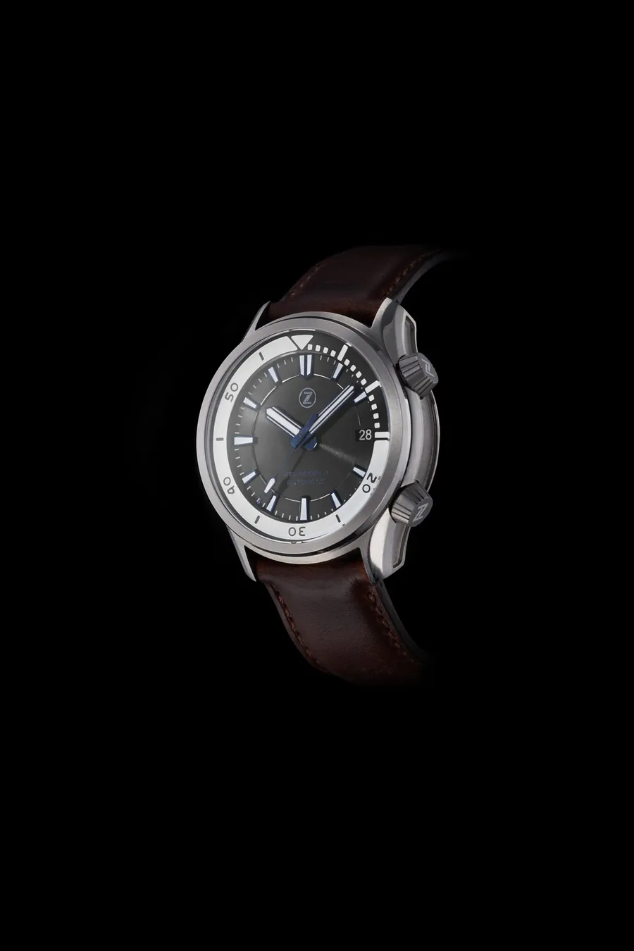 Zelos Helmsman 2 in steel, black dial with blue accents, lumed internal bezel, twin crowns, on leather strap