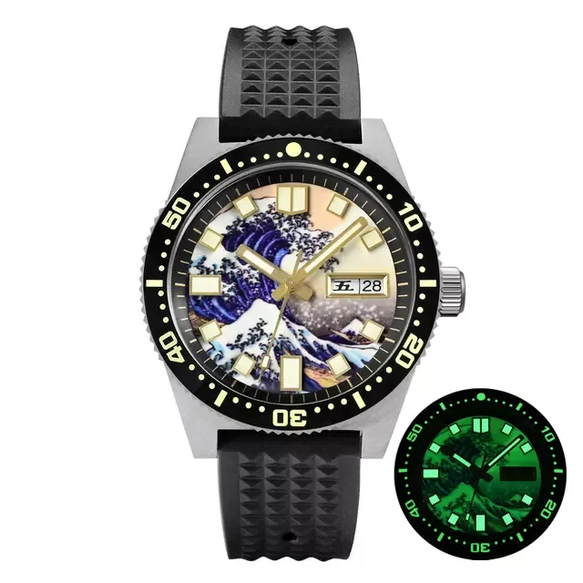 San Martin SN007-G-V3 with Great Wave off Kanagawa full-lume dial and day-date on waffle rubber strap