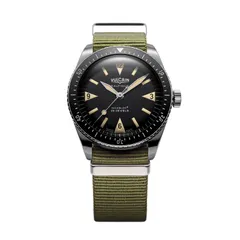 Vulcain x Santurce Collection V.2 with matte black dial and khaki brown lume on green NATO strap