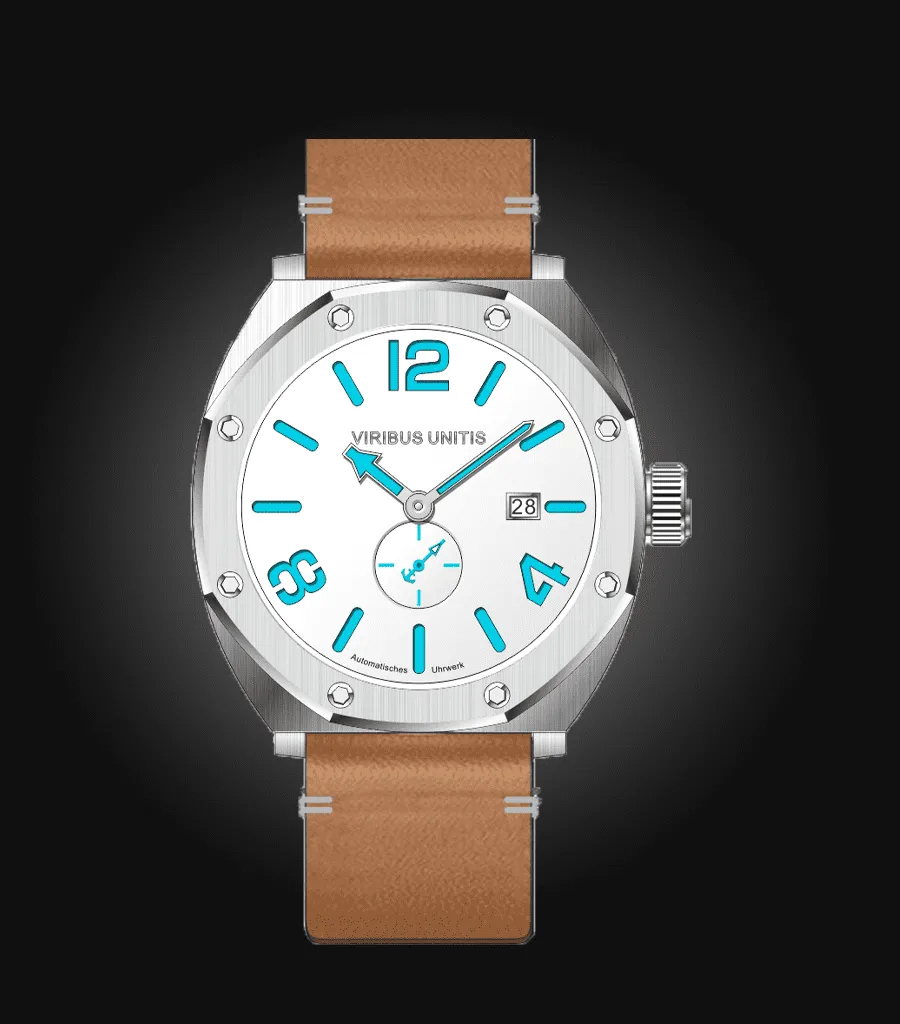 Viribus Unitis IR4, polished steel case, ice-white dial with blue lume, on brown leather strap