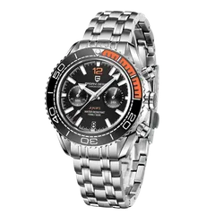 Pagani Design PD-1711 chronograph with black dial and black and orange bezel on steel bracelet