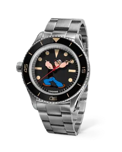 Undone Basecamp Popeye Blacksand with left-hand crown, black bezel and black Popeye dial on a steel bracelet
