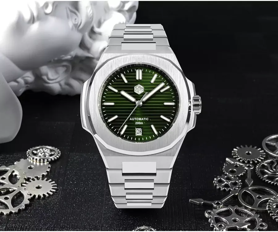 San Martin SN075-G with green striped dial on integrated bracelet