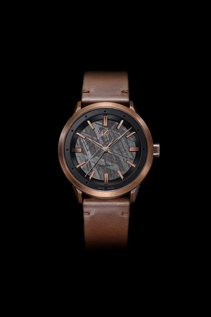 Zelos Visionary V-2, bronze case, meteorite dial centre with black outer dial and rose-gold-tone hands and indices, on brown Horween leather strap