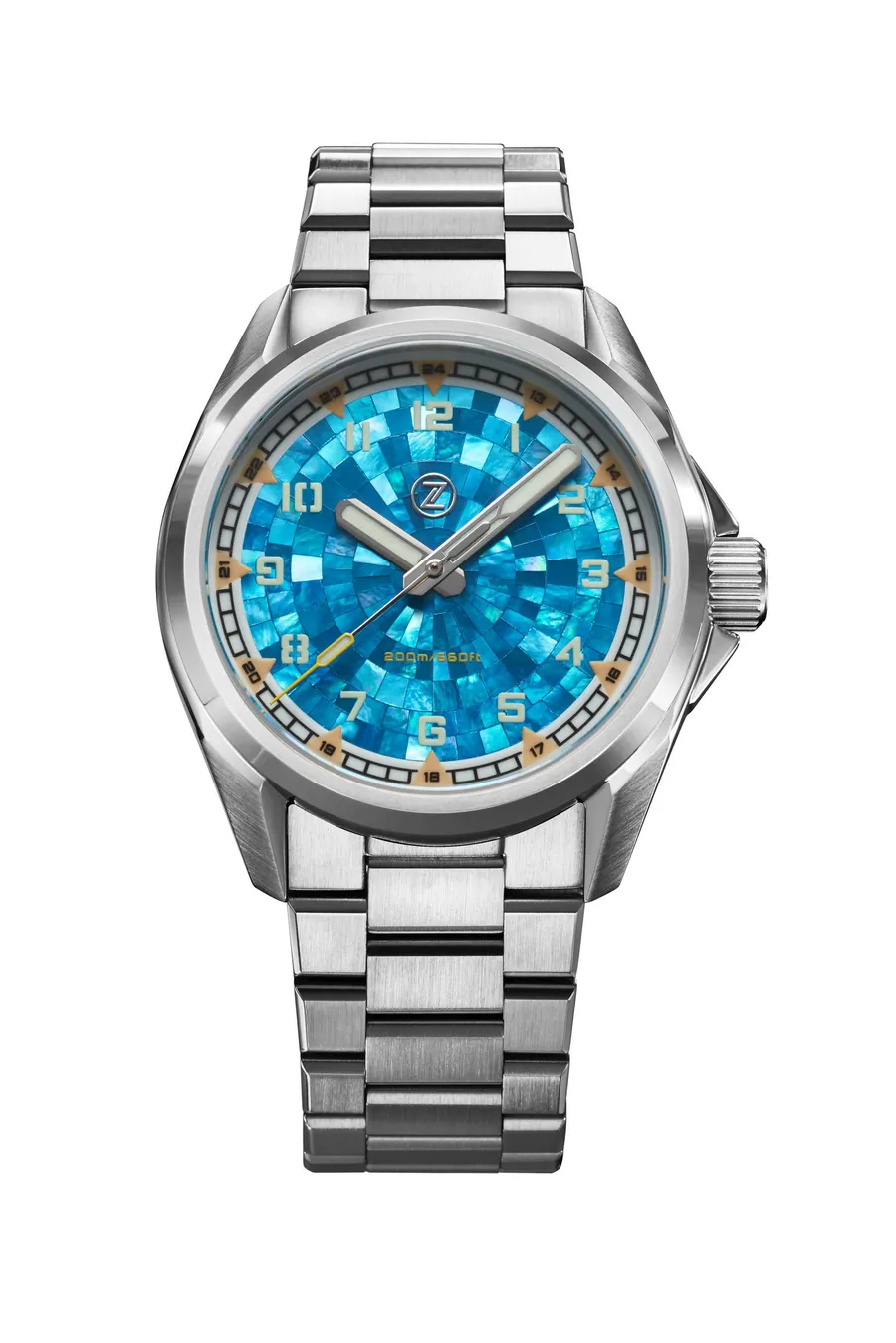 Zelos Swordfish Field 38mm in steel, blue mosaic mother-of-pearl dial, on steel bracelet