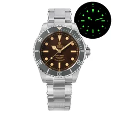 Watchdives WD5513P with tropical brown dial and grey bezel on the 3-link bracelet, with lume shot