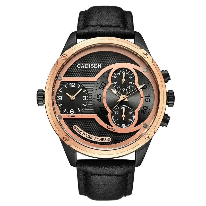 Cadisen C9057 50mm quartz with a second-time-zone subdial at 9 and chronograph subdials, black case with rose gold-tone bezel on a black leather strap