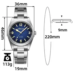 Addiesdive AD2544 dimension graphic on the bracelet (36mm, 46mm lug-to-lug, 9mm, 19mm, 220mm, 113g)