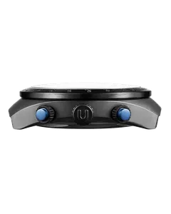 Undone Carbono case seen from the side, with blue pushers and the U-signed crown