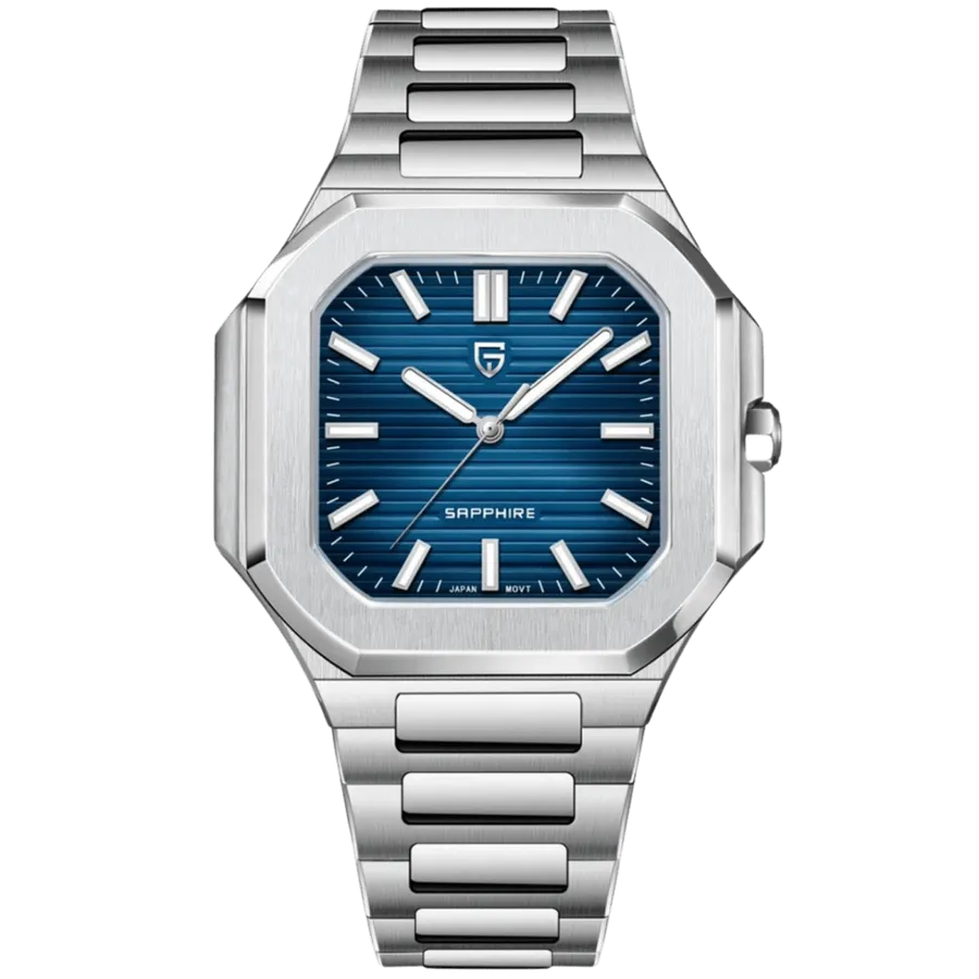 Pagani Design PD-YS019 octagonal-bezel quartz with horizontally ridged blue dial printed "Sapphire", on steel bracelet