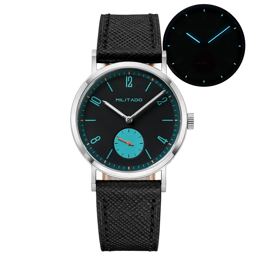 Militado ML27 with black dial, cyan markers and cyan small seconds on black leather strap