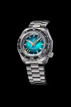 Zelos Hammerhead 2 in steel, teal gradient dial, black ceramic bezel, on steel bracelet