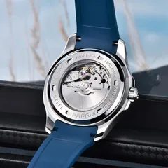 Pagani Design PD-YS031 display caseback engraved PD-YS031 and 100M, showing a Miyota movement with rotor marked Twenty-one 21 jewels, CWMJ Japan