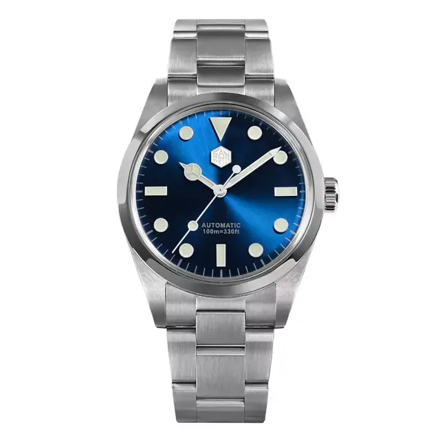 San Martin SN020-G4 39mm explorer with sunray blue dial, applied markers and Mercedes hands on steel bracelet