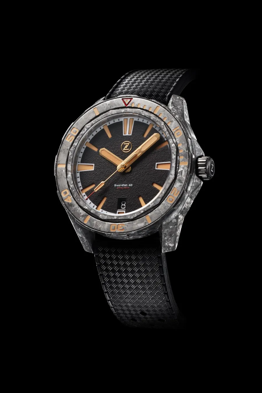 Zelos Swordfish 40mm in crystallised titanium, black dial with gilt hands, crystallised titanium bezel, on tropic rubber strap