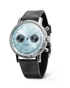 Undone Urban Vintage Arctic Blue chronograph with icy blue dial and black registers on a grey suede strap